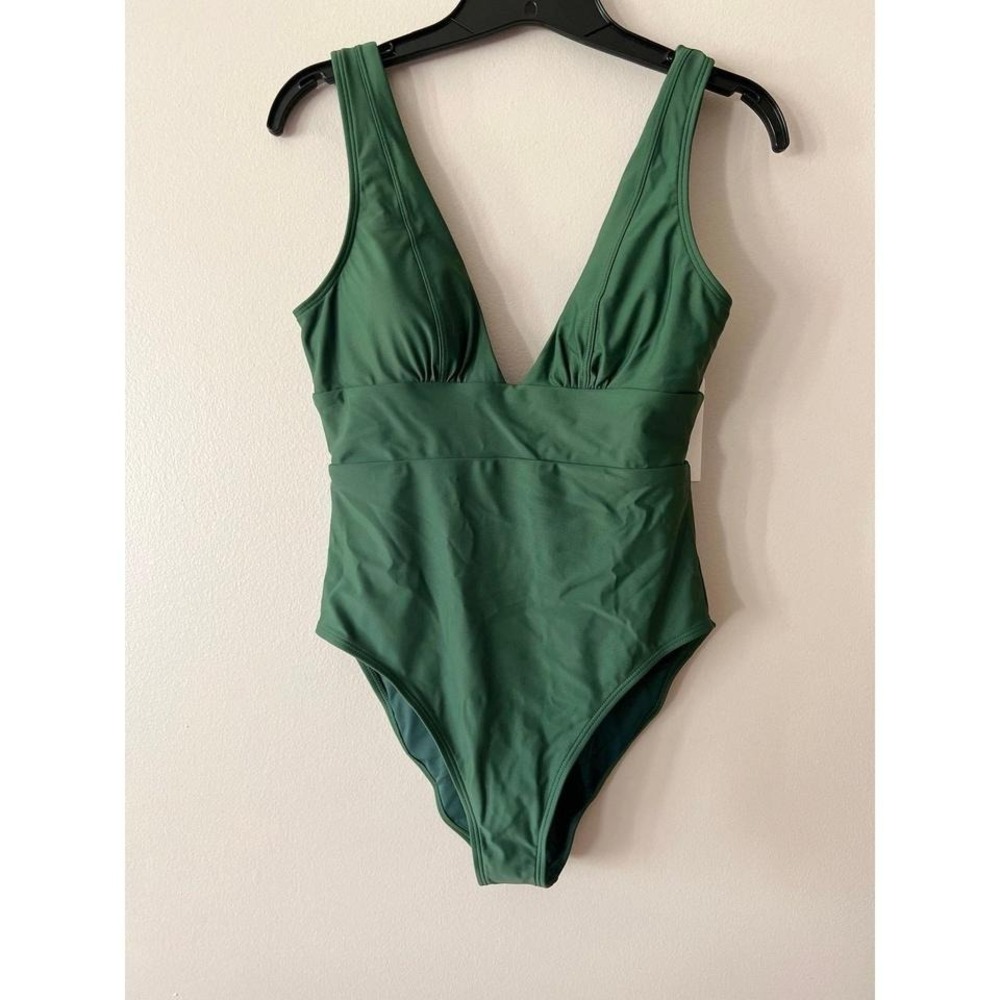 Quince Italian Plunge One-Piece Swimsuit Palm Green Medium NWT